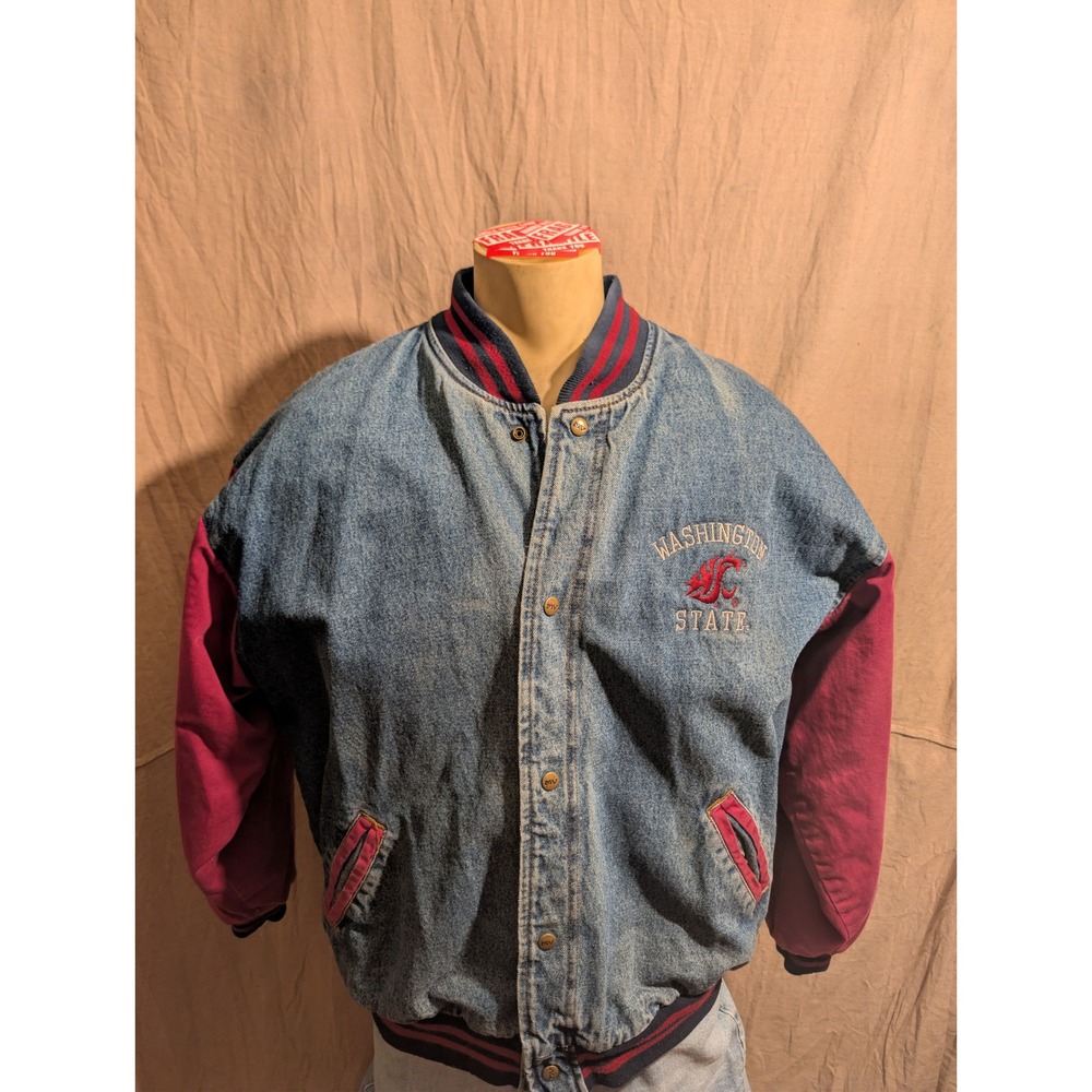 MV Sport Varsity Jacket Mens L Blue Denim Maroon WSU Cougars Vintage Bomber